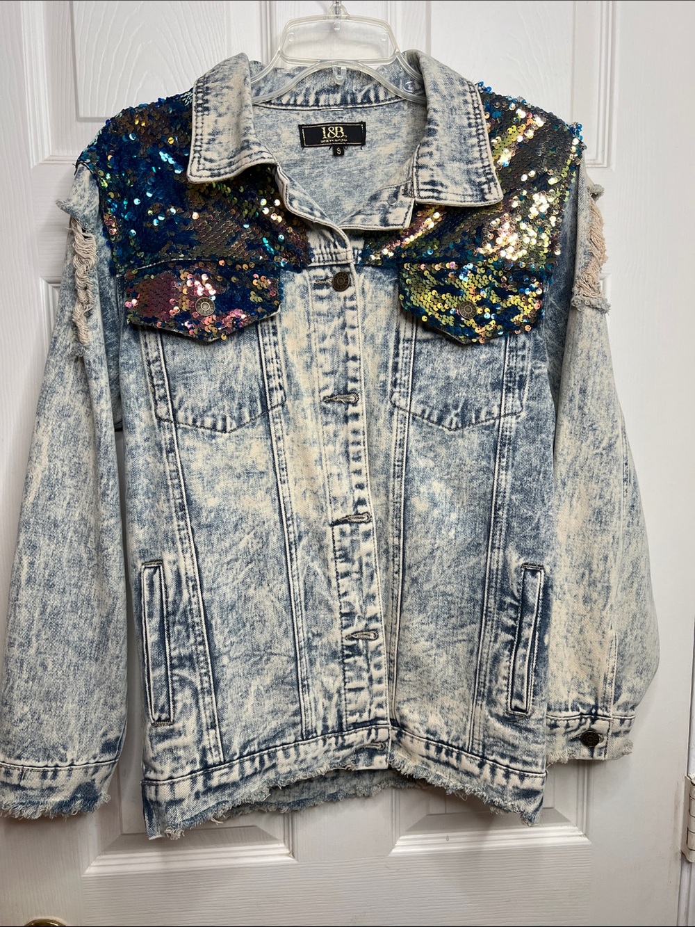 L&B Acid-Wash Blue Denim Jacket with Multicolor Sequin Yoke